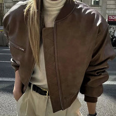 Aiertu - Lapel Cotton Leather Jacket Woman Short Retro Zipper Cardigan PU Jacket Solid 2025 Spring New female High Street Outwaer Aiertu