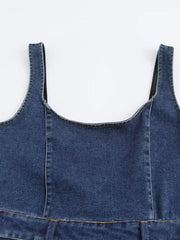 Aiertu - Women Fashion Denim Blue Side Zipper Backless Midi Dress Vintage Straps Square Collar Female Chic Lady Dresses Aiertu