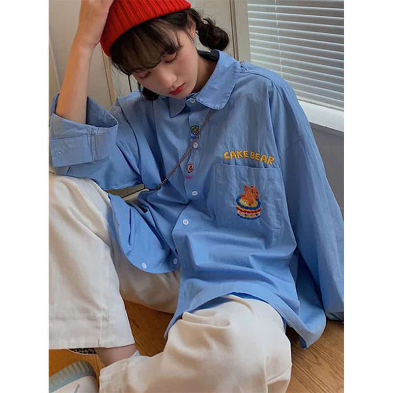 Aiertu Harajuku Cartoon Shirts Women Streetwear White Embroidery Oversized Blouses Vintage Japanese Long Sleeve Casual Tops New Aiertu