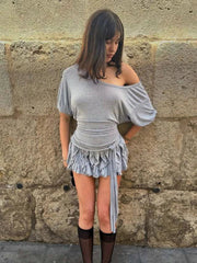 Aiertu - Solid Ruched Tassel Mini Dress Women Y2K Style Skew Collar Off Shoulder Short Sleeve Street Fashion Temperament Outfits Aiertu