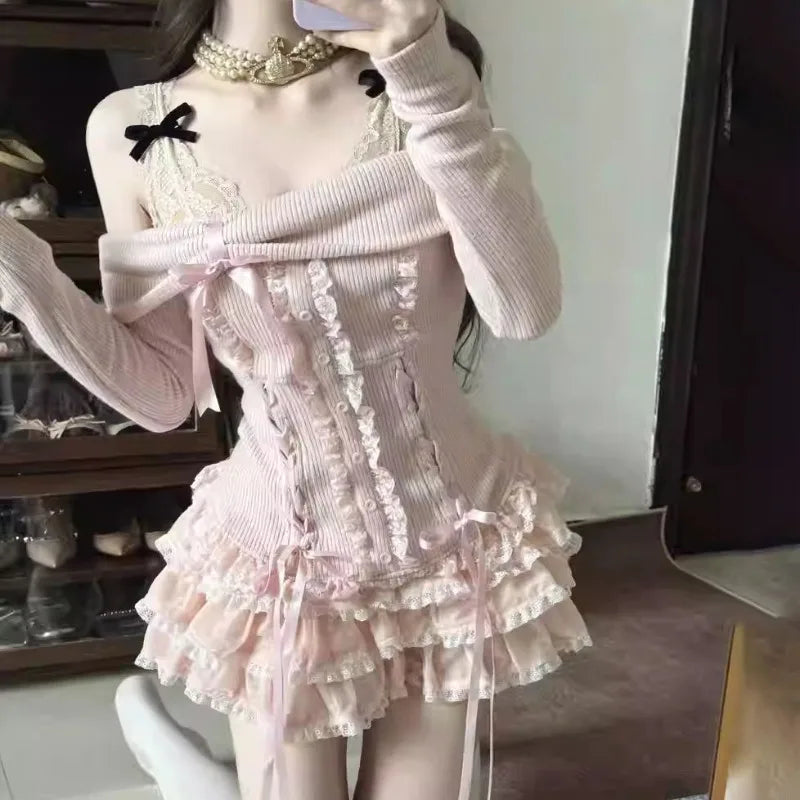 Aiertu - Sweet Korean High Street Draped Slash Neck Spliced Lace Design Women Jumpers American Moda Tiered Skirts Y2k 2000s 2 Piece Sets Aiertu