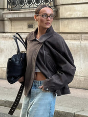 Aiertu - Lace Up Suede Waist Cinched Jacket Coat With Belt Leather Jackets Zipper Silhouette Lapel Slimming Short Outwear Women Overcoat Aiertu