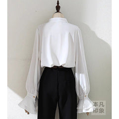 Aiertu Vintage White Shirts Women Elegant Ruffles Flare Long Sleeve Blouses Office Ladies Korean Single Breasted Design Chic Tops Aiertu