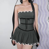 Aiertu - Off Shoulder Ribbon Trim Lace Up Slim Mini Dress Aiertu