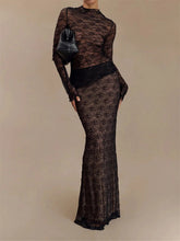 Aiertu - Sexy Lace See Through Long Skirt 2 Piece Set Women Solid Half High Collar Long Sleeve Slim Top and Floor Length Skirt Outfit Aiertu