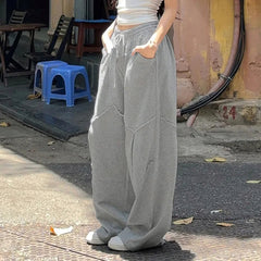 Aiertu - 2025 New Harajuku Korean Style Gray Loose Wide Leg Trousers Street Joggers Stylish Chic Split Patchwork Women Baggy Pants Aiertu