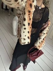Aiertu - Women Fashion Leopard Print Faux Fur Warm Coat Chic Lapel Long Sleeves Single Breasted Casual Jacket Autumn Winter Lady Outwear Aiertu