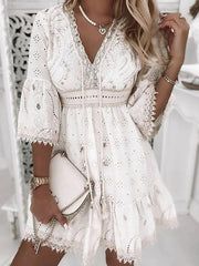 Aiertu - Elegant Lace Mini Dress Women Three Quarter Sleeve Dress Female V Neck Patchwork Lace Up Dress Ladies Vacation Beach Dress Aiertu