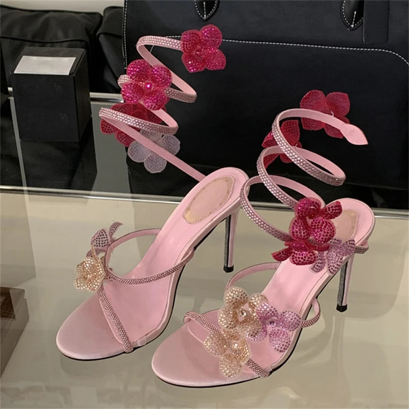 Aiertu - Street Style CRYSTAL Narrow Band Thin High Heels Women Sandals 2025 Summer Open Toe Ankle Strap Female Shoes Aiertu