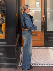 Aiertu - Lapel Single-breasted Woman's Denim 2 Piece Sets Vintage Soild Waistless Denim Short Tops Straight Baggy Low Rise Jeans Pants Aiertu