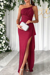 Aiertu -Elegant Solid Slit Fold Oblique Collar Waist Skirt Dresses aiertu