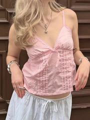 Aiertu - Solid Fold Texture Bow Sexy Camisole Deep V-neck Casual Streetwear All-match White Summer Top Chic Vintage Vest Aiertu