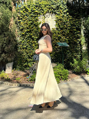 Aiertu - Chic Patchwork Pleated Dress Women O-neck Sleeveless A-line Ankle-length Dresses Female 2025 Spring Summer Minimalism Lady Robe Aiertu