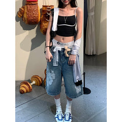 Aiertu Summer Vintage Women's Lace Printed Blue Denim Shorts Young Girl Casual High Waist Bottom Female Loose Capris Calf-length Pants Aiertu