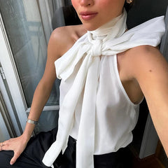 Aiertu - Fashion Elegant White Bow Lace Up Halter Neck Vest Top Women's Sleeveless Turtleneck Summer New Vest Pullover Streetwear Aiertu