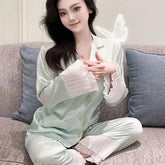Aiertu - Lace Women's Pajama Set Silky Satin Two-piece Long Sleeve Button Shirt Pj Sets Loose Sleepwear Classic Loungewear Pijama Mujer Aiertu