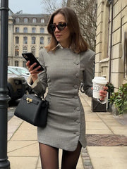 Aiertu - Women's Contrast Mini Dress Elegant Office Lady Lapel Slim High Waist Splice Buttons Cardigan Dresses Female Spring Dress Aiertu