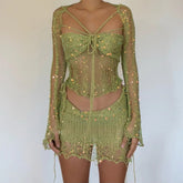 Aiertu - Women Fashion Knit Slim 3Pc Sets Sexy Hollow Long Sleeve Cardigan & Top & Mini Skirt Suit Elegant Sequin Hot Girls Skirt Outfits Aiertu