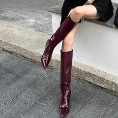 Aiertu - Burgundy Patent Leather High-Top Long Boots For Women Wine Red Pointed Toe Slip On Botas Largas De Mujer Kitten Low Heels Mature Aiertu