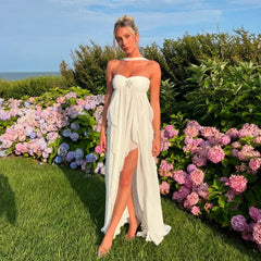 Aiertu - Chic Ruffles Scarf Collar Long Dress Women Elegant High Slit Off Shoulder Backless Tassel Midi Dresses Lady Solid Vacation Robes Aiertu