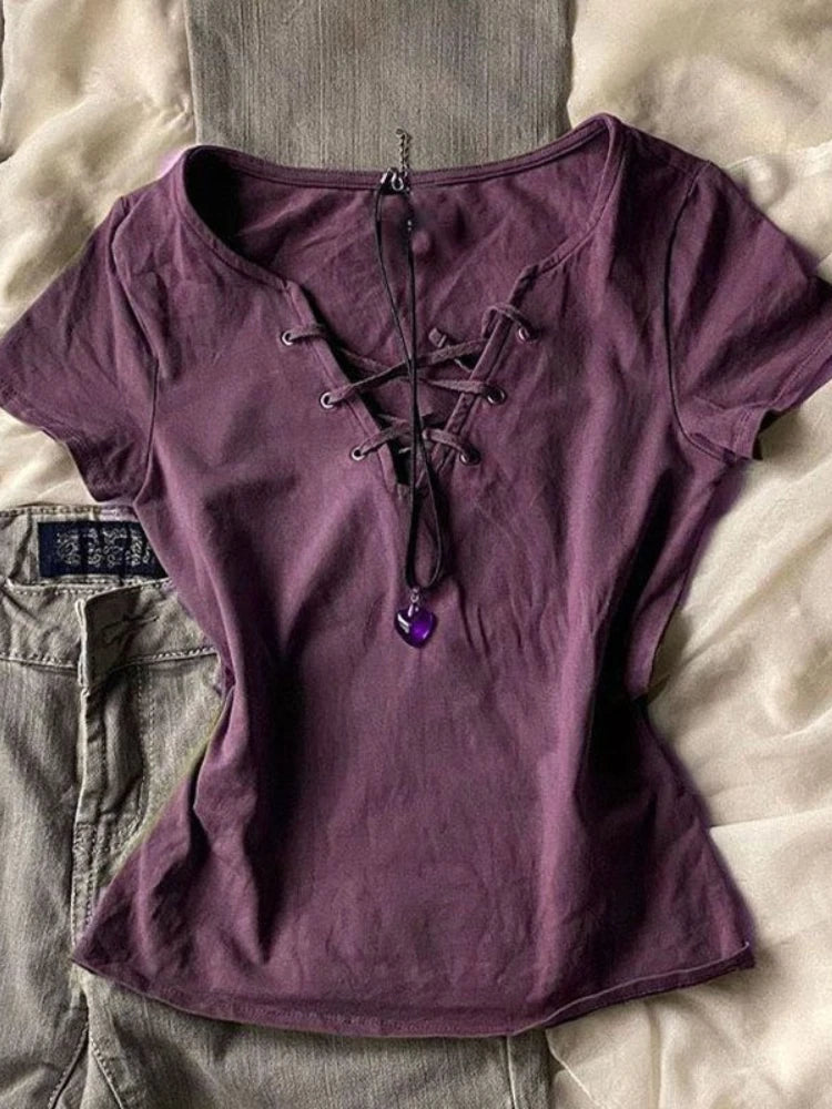 Aiertu - Harajuku Sexy T-Shirts Women Gothic Vintage Y2k Purple V-neck Tops Summer Retro Grunge Slim Up Solid T-Shirt Streetwear Aiertu