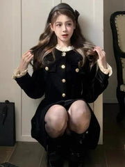 Aiertu - party look snspos Autumn Black Velvet Dresses for Women Long Sleeve Single Breasted Evening Party Dress Korean Fashion A-line Vestido Mujer New Aiertu