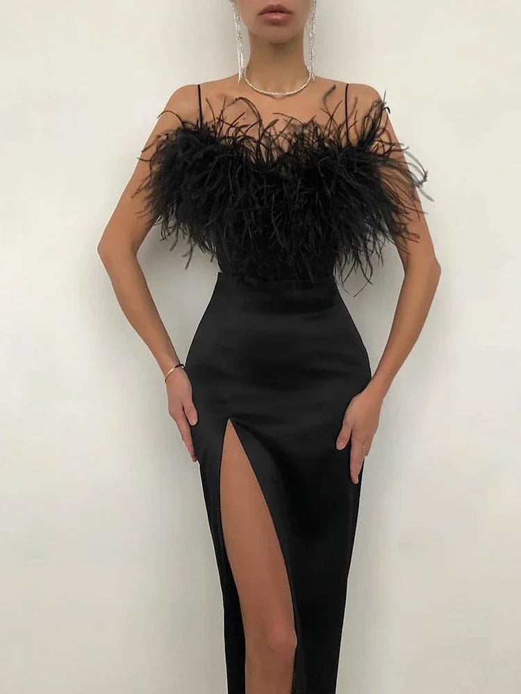 Aiertu - New Spring and Summer European and American Women's Dress with Feathered Halter Slim Temperament Package Arm Dress Aiertu