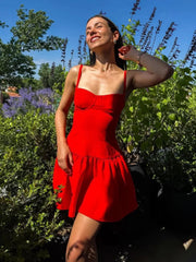 Aiertu - Women Sexy Red Mini Dress Slim-fitting Bright Spaghetti Strap High Waist Low-cut Short Pleated Vestidos Beach Pool Party Wear Aiertu