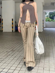 Aiertu - Vintage Harajuku Sheath High Waist Flared Jeans Female Hight Street Retro Y2K Pants Women's Striped Slim 2000s Denim Trouser Aiertu