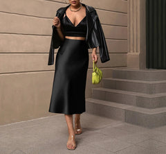 Aiertu - Satin Skirt High Waisted Solid Color Skirts Flared Hem Elegant Women Outerwear Aiertu