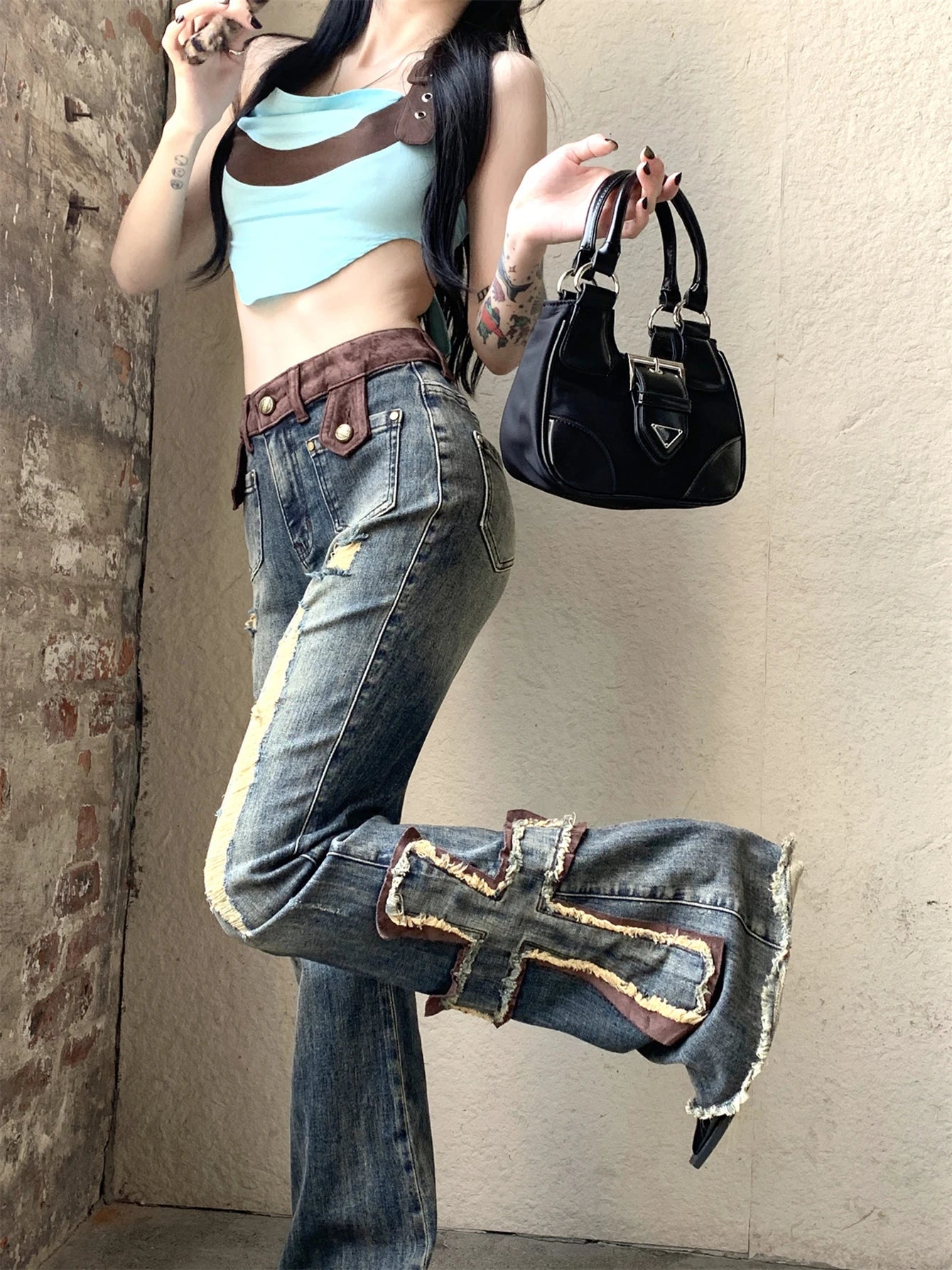 Aiertu Cross Patchwork Bootcut Pants for Women Destroyed High Rise Slim Trousers Y2k Flare Jeans 90s Retro Korean Streetwear Aiertu