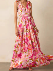 Aiertu - Elegant Maxi Dress with Boho Floral Print Stylish V-Neckline and Chic Tie-Up Shoulder Detail Perfect for Summer Casual Wear Aiertu