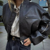 Aiertu - Lapel Cotton Leather Jacket Woman Short Retro Zipper Cardigan PU Jacket Solid 2025 Spring New female High Street Outwaer Aiertu