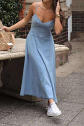 Aiertu Denim Slip Sleeveless Midi Dress Aiertu