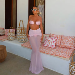 Aiertu - 3 Pieces Bikini Set Solid Long Skirt Women Swimwear Sexy Bikinis Bandeau Beachwear Bodysuit Micro Thong Biquini Female Aiertu
