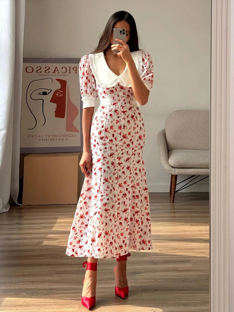 Aiertu - Fashion Slim Print Women's Dress Summer Lapel Short Sleeve Ankle Length Dresses Elegant High Waist Slit Female Dress Aiertu