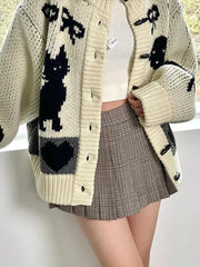 Aiertu - Print Cat Cartoon Women Sweater Heart Knit Pocket Female Cardigan Fashion Elegant Single Breasted Loose O-neck Lady Coat Aiertu