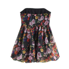 Aiertu - Sexy Women Black Flower Print Organza Strapless Dress Hem Ruched Swing BUD Party Skater Mini Short Robe Aiertu