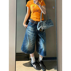 Aiertu Vintage Y2K Wash Whiskers Denim Shorts Women High Waist Distressed Frayed Wide Leg Baggy Jeans Jorts Casual Summer Clothes Aiertu