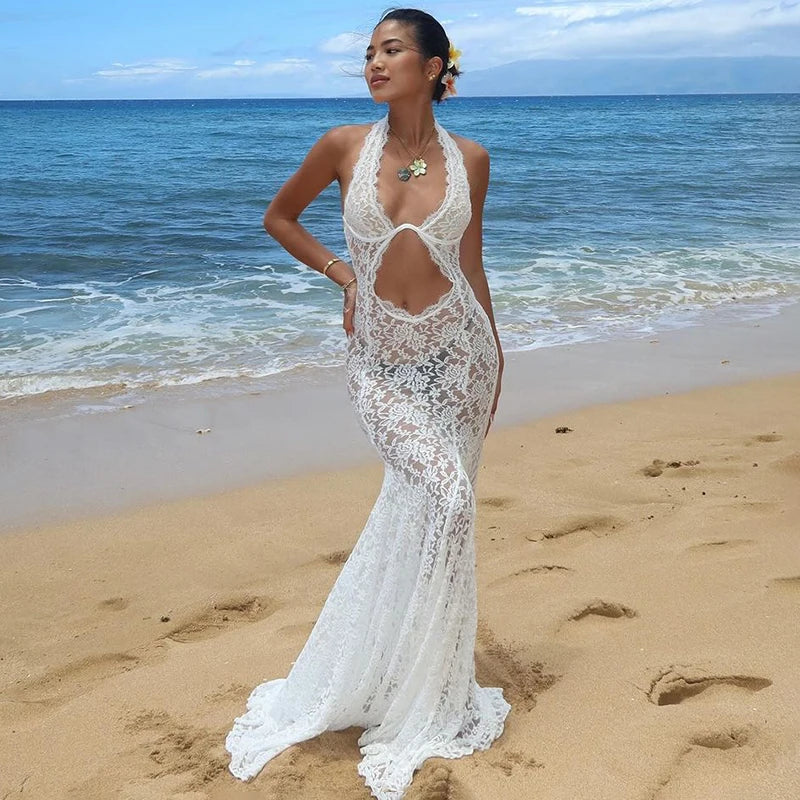 Aiertu - Sexy Lace See Through Hollow Out Maxi Dress Womens Elegant Summer White Holiday Beachwear Backless Slim Halter Neck Dress Aiertu