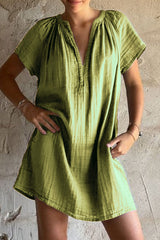Aiertu -Casual Solid Color Patchwork Ruched V Neck Short Sleeve Short Sleeve Dress aiertu