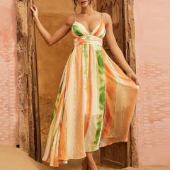 Aiertu - Sexy Deep V-neck Split Spaghetti Straps Dress Women Elegant Hight Waist Pleated Long Dress Fashion Pattern Printed Beach Dresses Aiertu