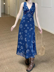 Aiertu -Vintage Print Lace Mesh V-Neck Maxi Dress aiertu
