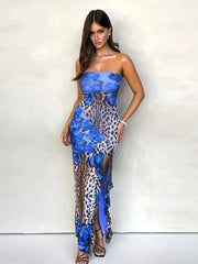 Aiertu - Fashion Women Strapless Floral Dresses 2026 Sexy Sleeveless Leopard Printed High Waist Ruffles Split Long Party Holiday Dress Aiertu