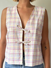 Aiertu - Women Y2k Gingham Tie front Tank Top Sleeveless V-Neck Open front Vest Crop Top Aesthetic Vintage Summer Cami Shirt Streetwear Aiertu