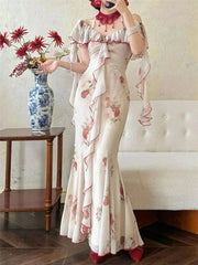 Aiertu - Women Off Shoulder Ruffle Maxi Dress Elegant Floral Print Slim Fit Long Dress Vintage Fairy Style Summer Party Dress 2025 New Aiertu