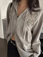 Aiertu - Harajuku Casual Solid 3D Flower Hoodies Women Y2k Aesthetic Casual Loose Hoody Streetwear Dual Zippers Pocket Grunge Sweatshirt Aiertu