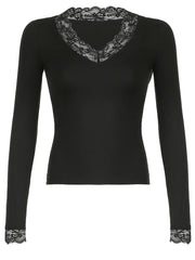 Aiertu 2025 spring fashion trend Lace Patchwork Solid Slim Tee Shirts Long Sleeves V-neck Aesthetic Fashion Clothes Vintage Streetwear Black Tops Aiertu