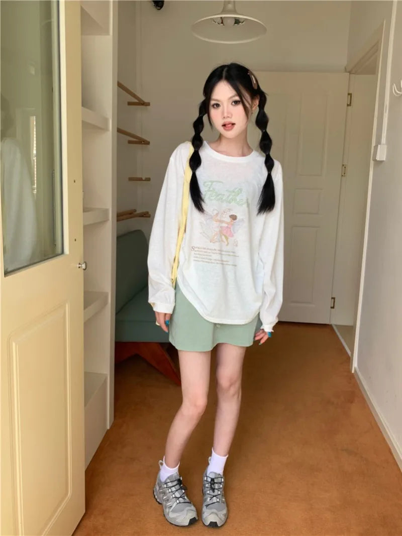 Aiertu - Sweet Girl Cartoon O-neck Long-sleeved T-shirt Women's Spring and Summer Cute Casual Loose Top Fashion Female Clothes Aiertu