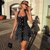 Aiertu - Polka Dots Knitted Halter Mini Dress Women Single Breasted Sleeveless A-line Party Vestidos Vintage Fashion Elegant Dresses New Aiertu